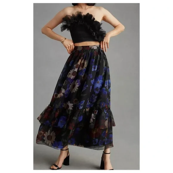anthropologie/Geisha Designs | Skirts | Nwot Anthropologie Geisha Designs  Floral Organza Ruffled Tiered Midi Skirt Small | Poshmark